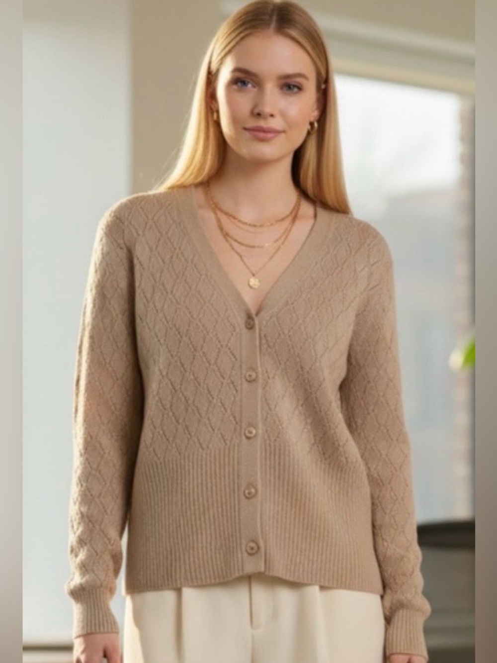 Evan Picone Taupe V-Neck Button up cardigan sweater is 100% silk